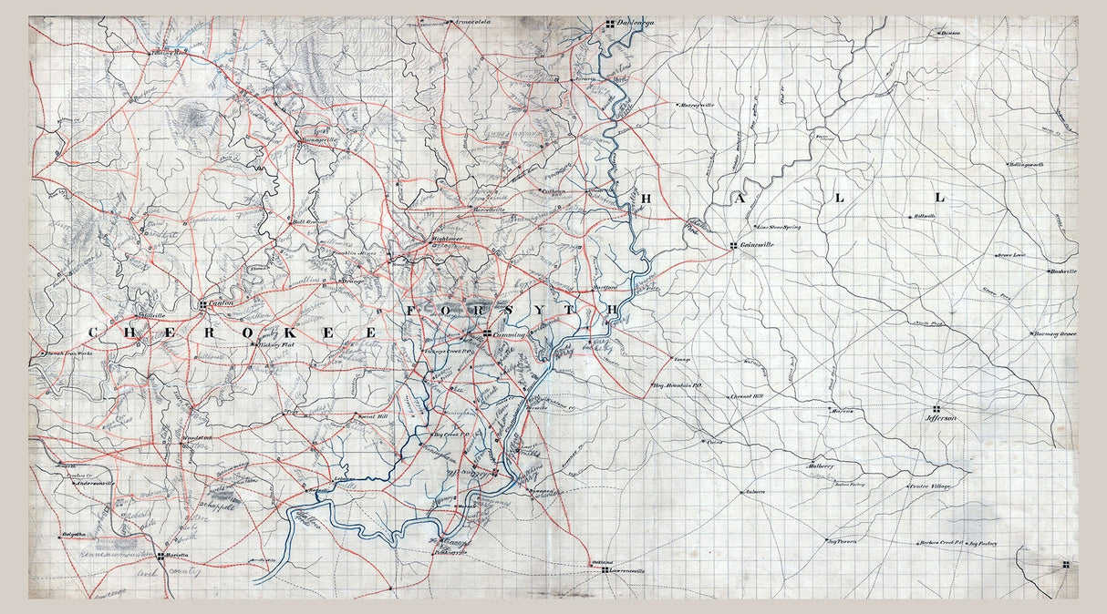 1860s Map of Cherokee Forsyth and Hall County Georgia