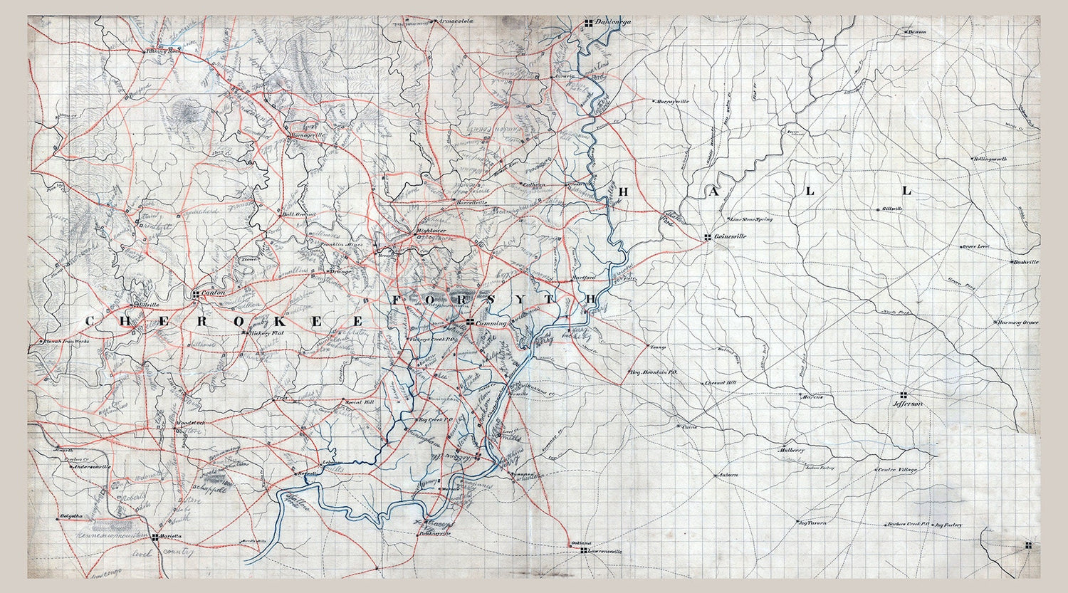 1860s Map of Cherokee Forsyth and Hall County Georgia