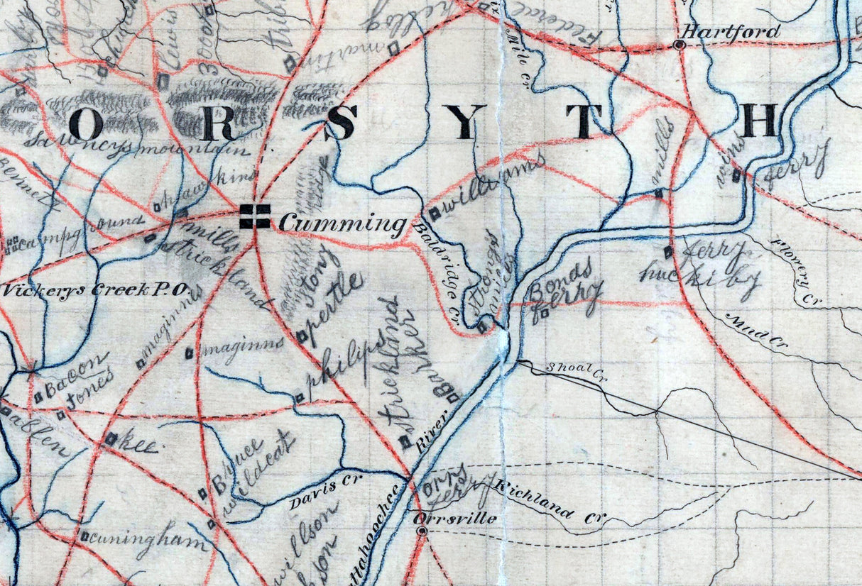 1860s Map of Cherokee Forsyth and Hall County Georgia