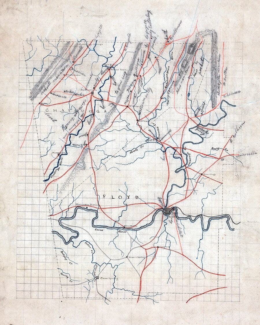 1860s Map of Floyd and Chattooga Counties Georgia
