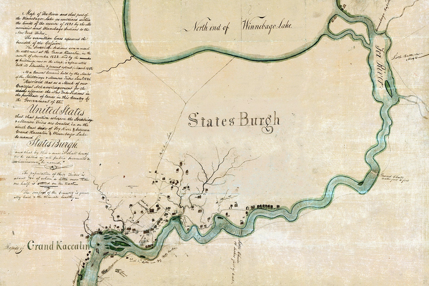 1832 Map of Lake Winnebago Fox River and Town of Kaukauna Wisconsin