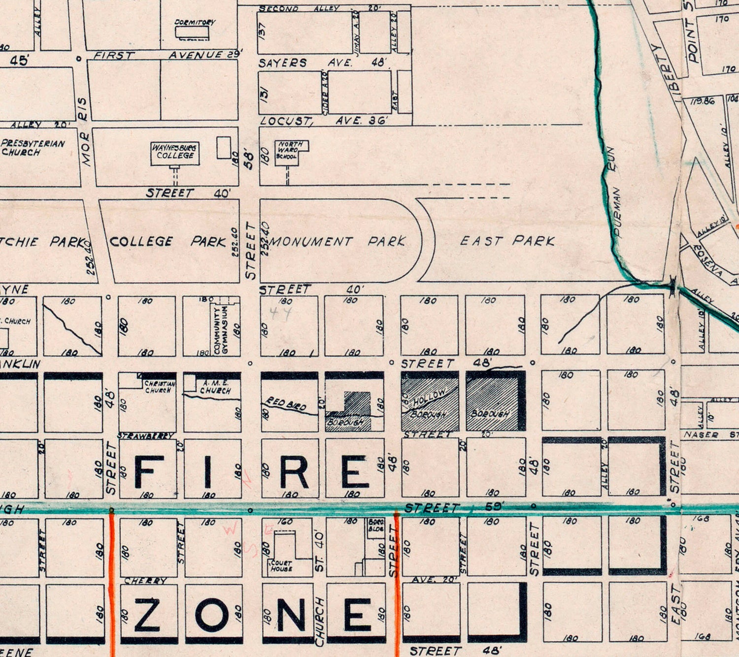 1940 Map of Waynesburg Greene County Pennsylvania