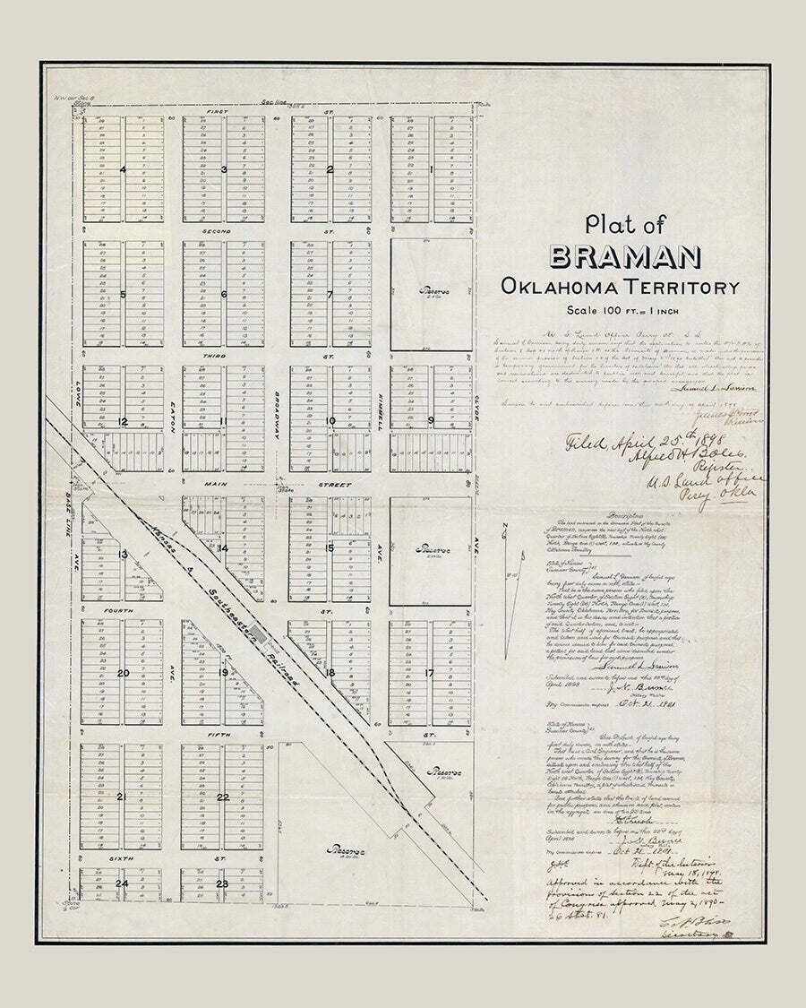 1898 Town Map of Braman Kay County Oklahoma