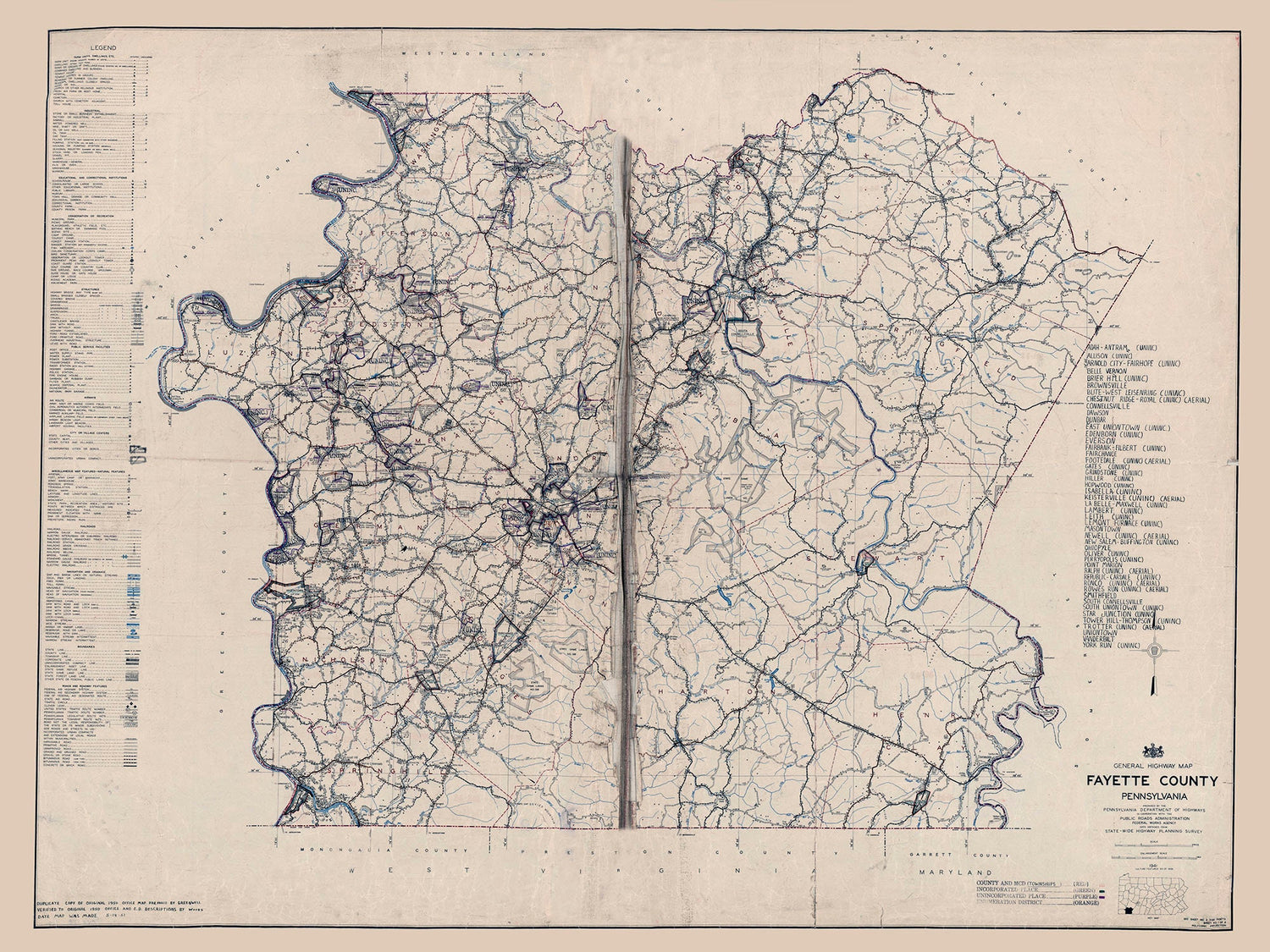 1941 Map of Fayette County Pennsylvania