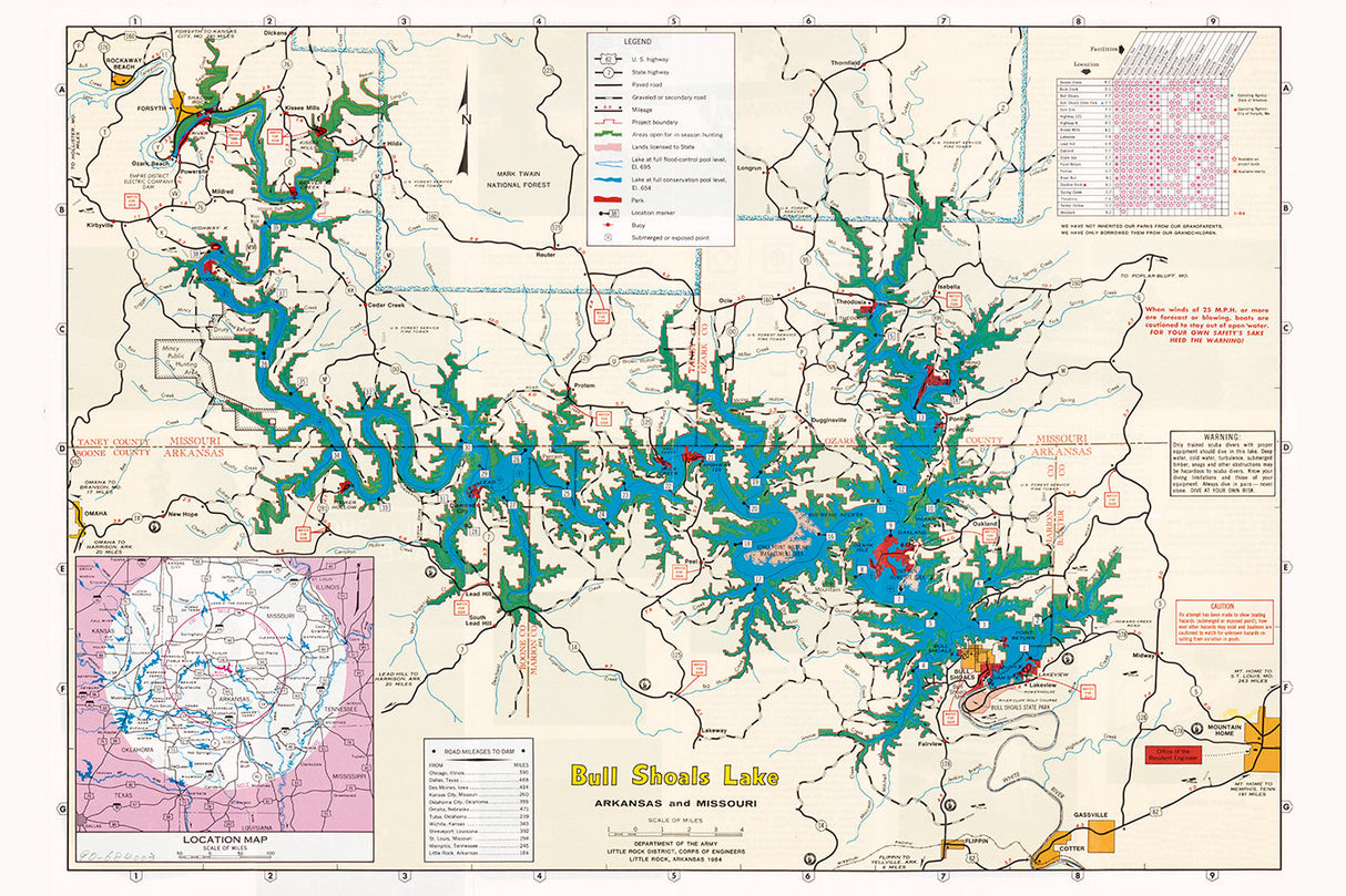 1984 Map of Bull Shoals Lake Arkansas and Missouri