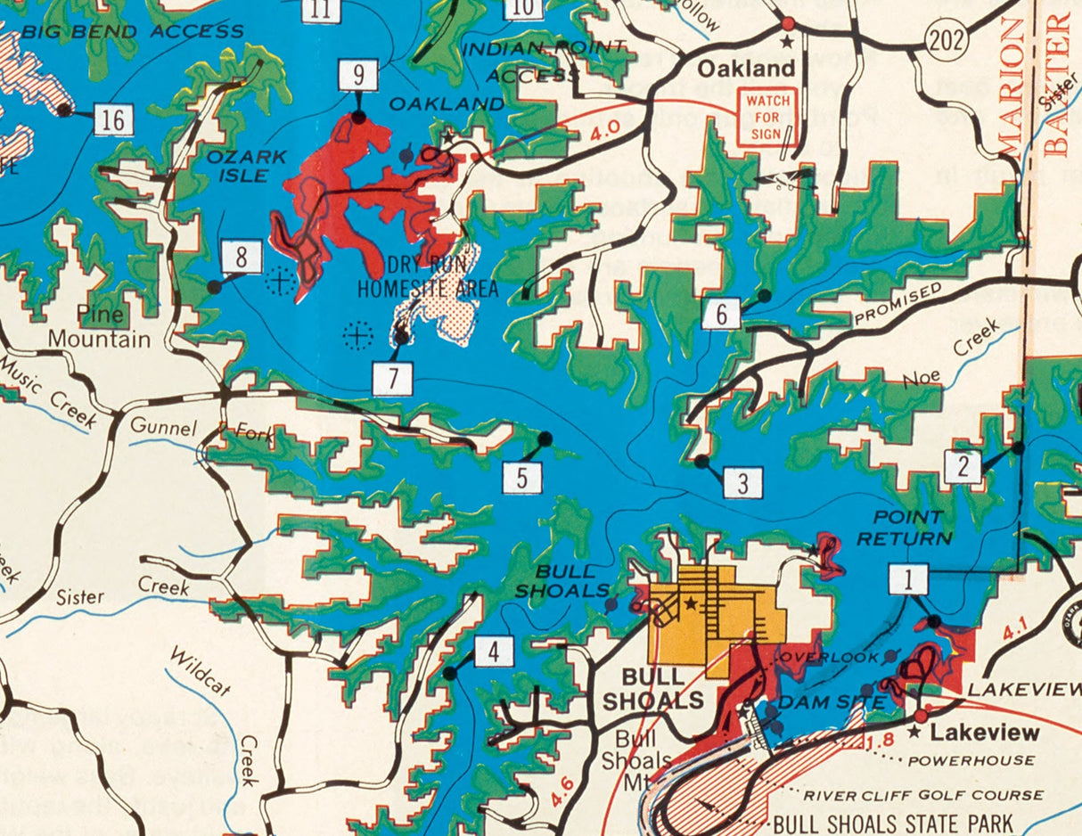 1984 Map of Bull Shoals Lake Arkansas and Missouri