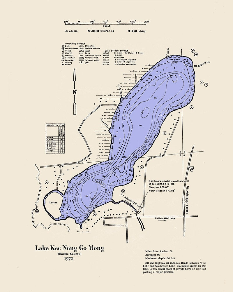 1970 Map of Lake Kec Nong Go Mong Racine County Wisconsin Long Lake