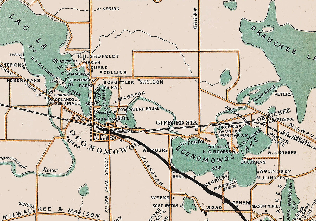 1888 Map of The Lakes of Oconomowoc and Waukesha County Wisconsin