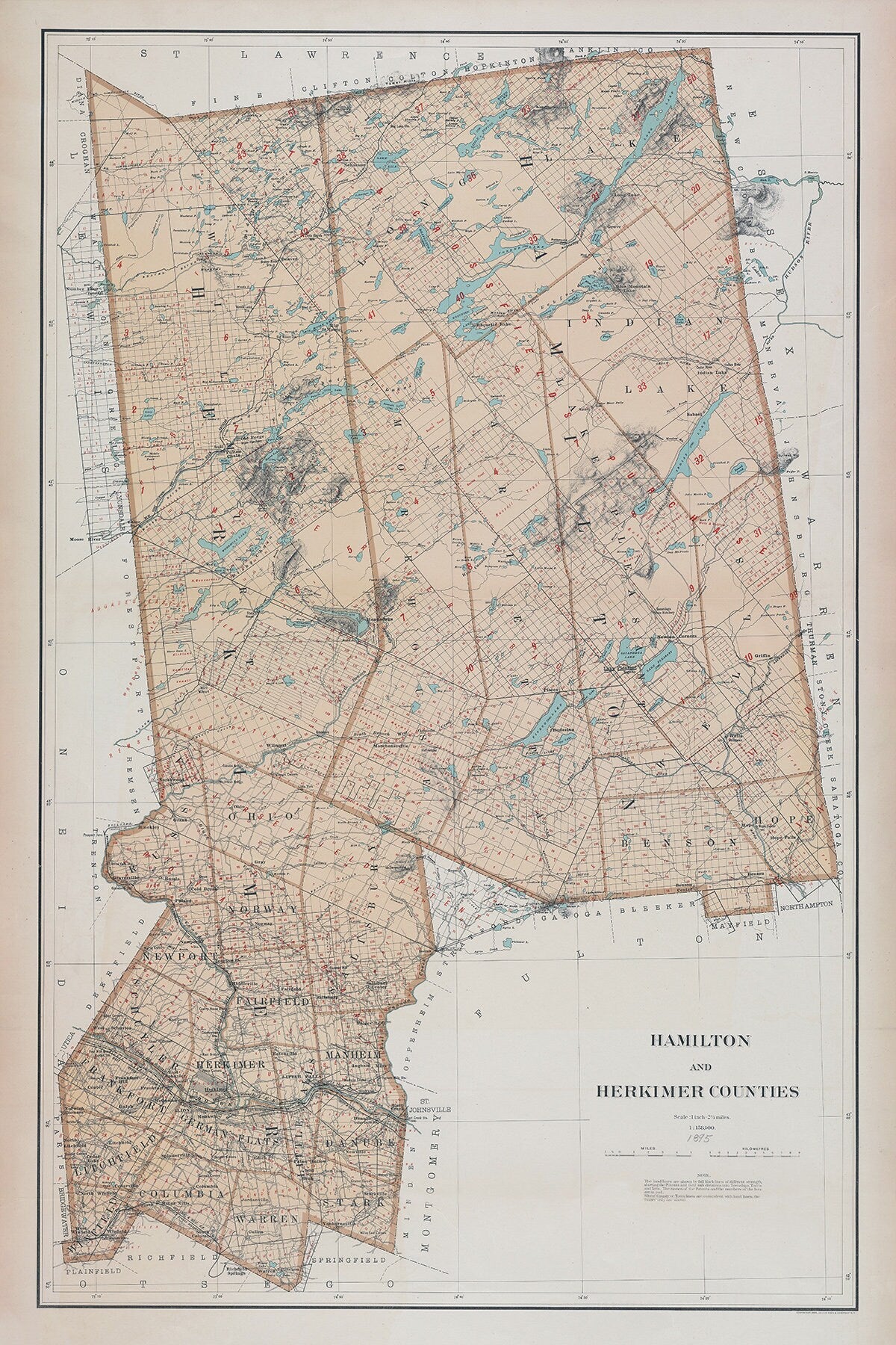 1895 Map of Hamilton and Herkimer County New York