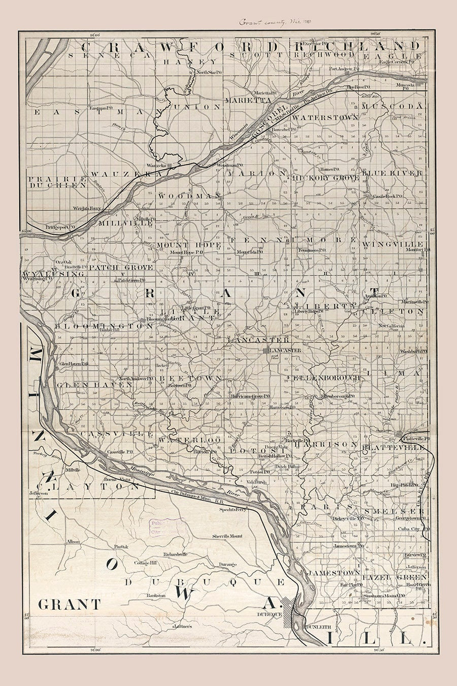 1880 Map of Grant County Wisconsin