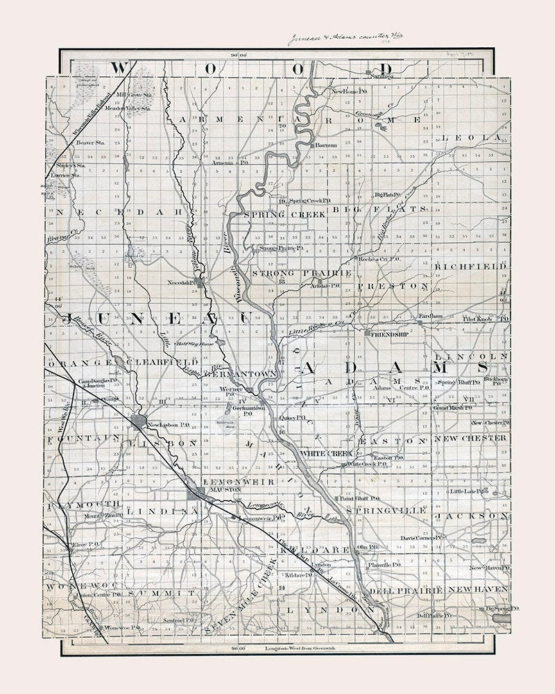 1880 Map of Juneau and Adams County Wisconsin