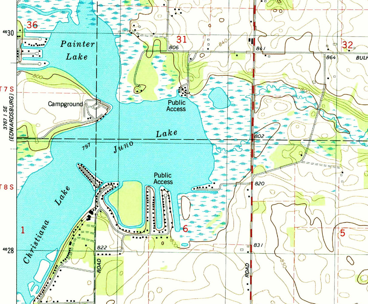 1981 Topo Map of Adamsville Michigan Quad Christiana Lake Chain Lake