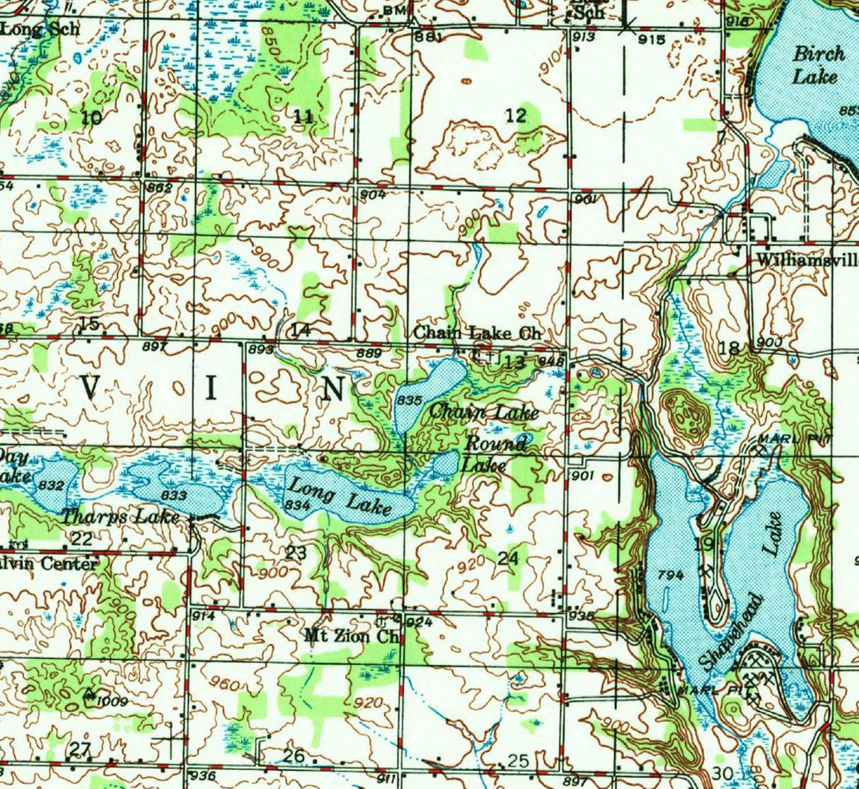 1948 Topo Map of Vandalia Michigan Quad Chain Lake
