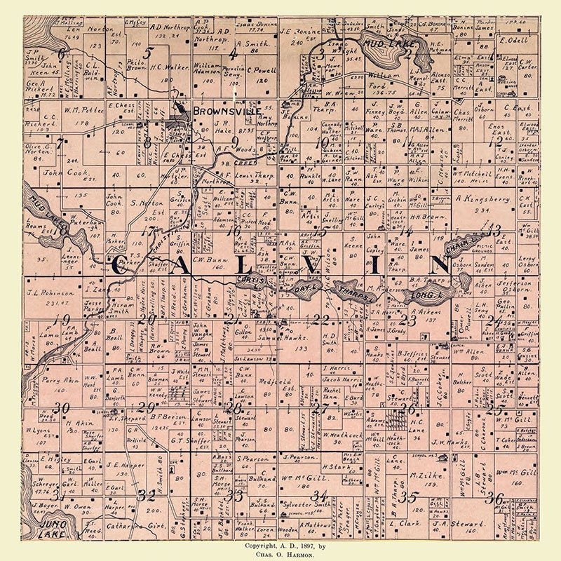 1897 Farm Line Map of Calvin Township Cass County Michigan