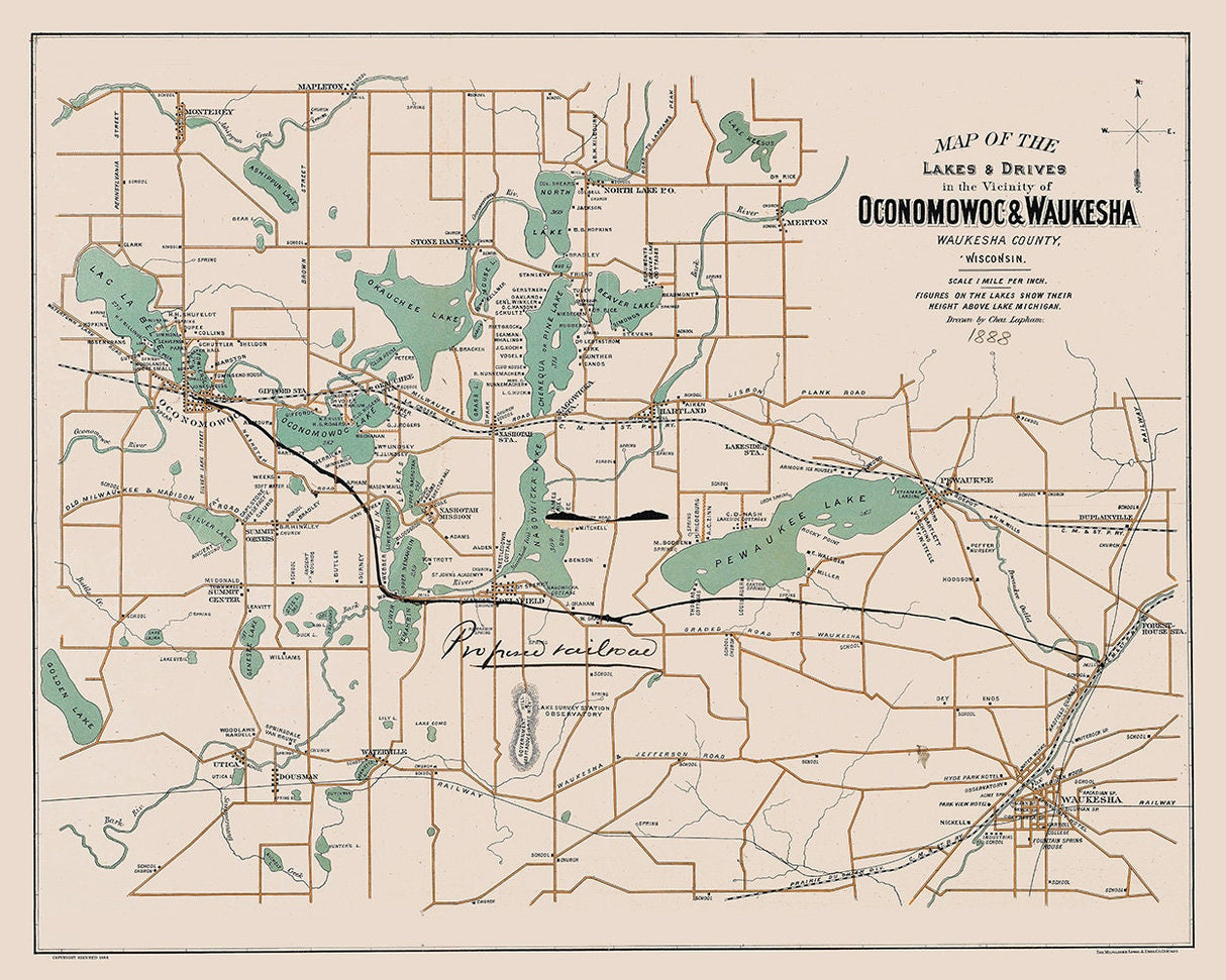 1888 Map of The Lakes of Oconomowoc and Waukesha County Wisconsin
