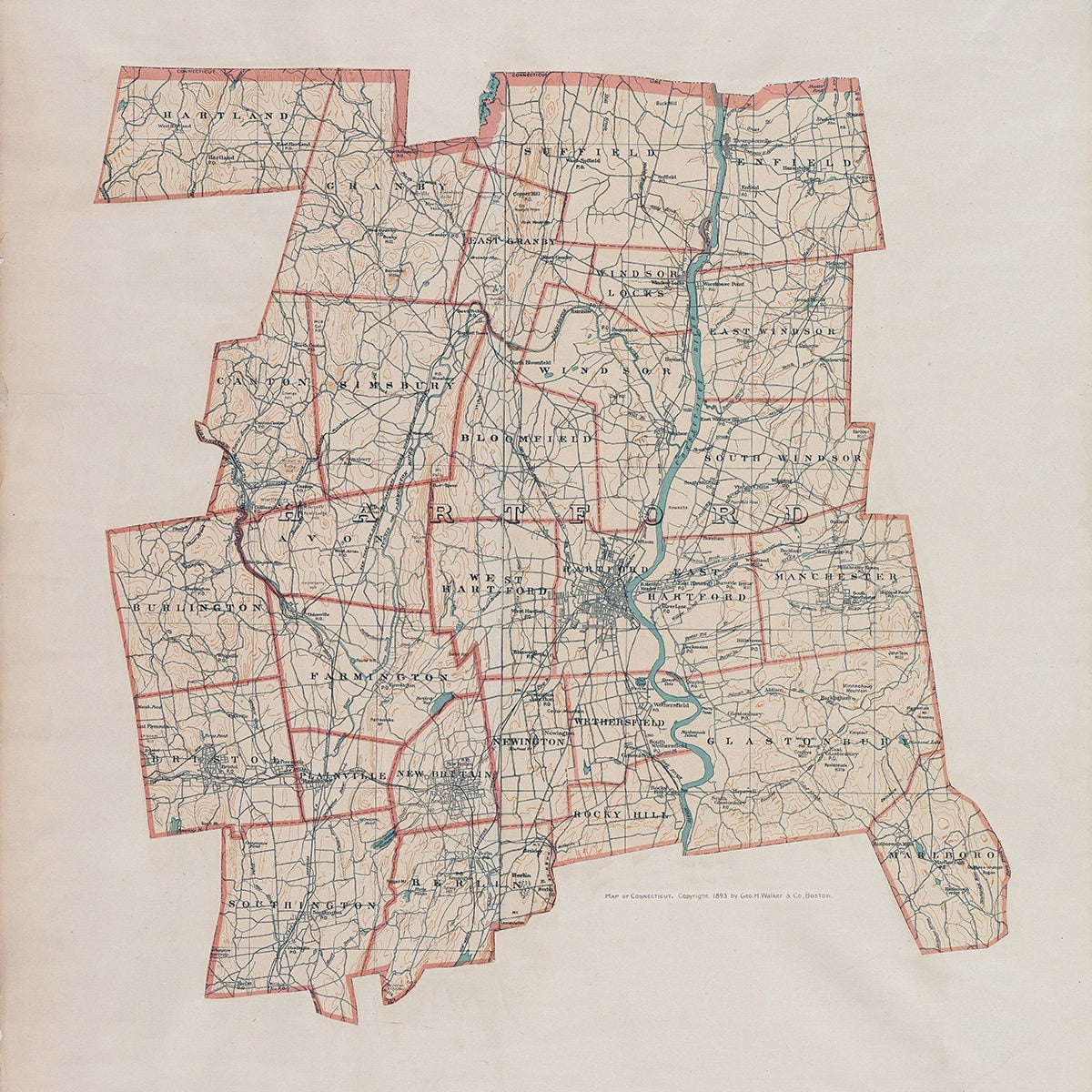 1893 Map of Hartford County Connecticut