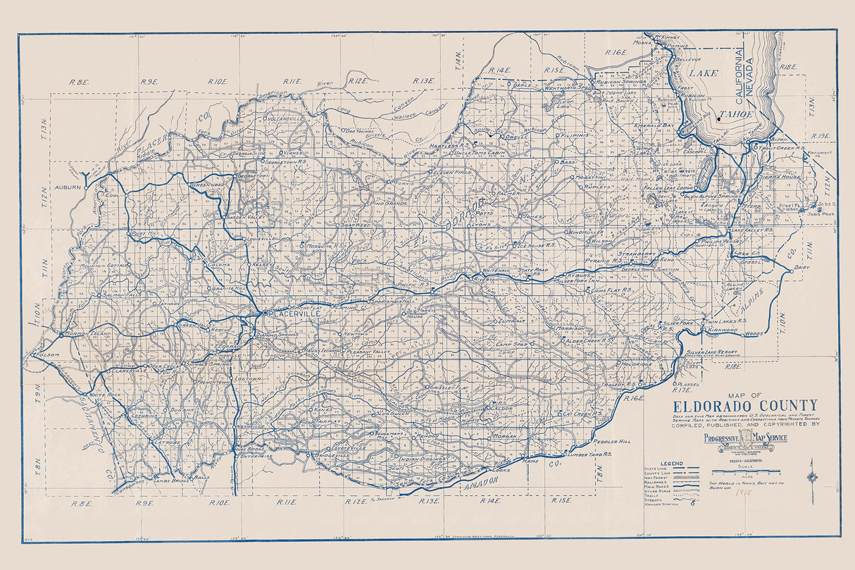 1915 Map of Eldorado County California Lake Tahoe
