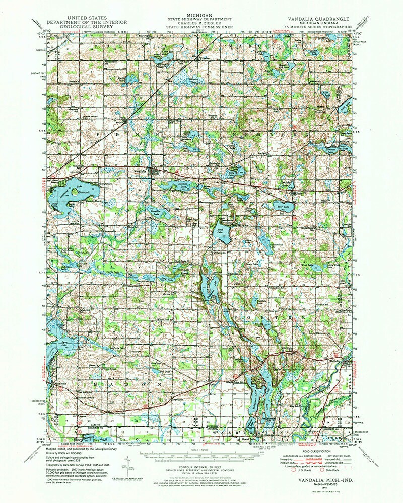 1948 Topo Map of Vandalia Michigan Quad Chain Lake