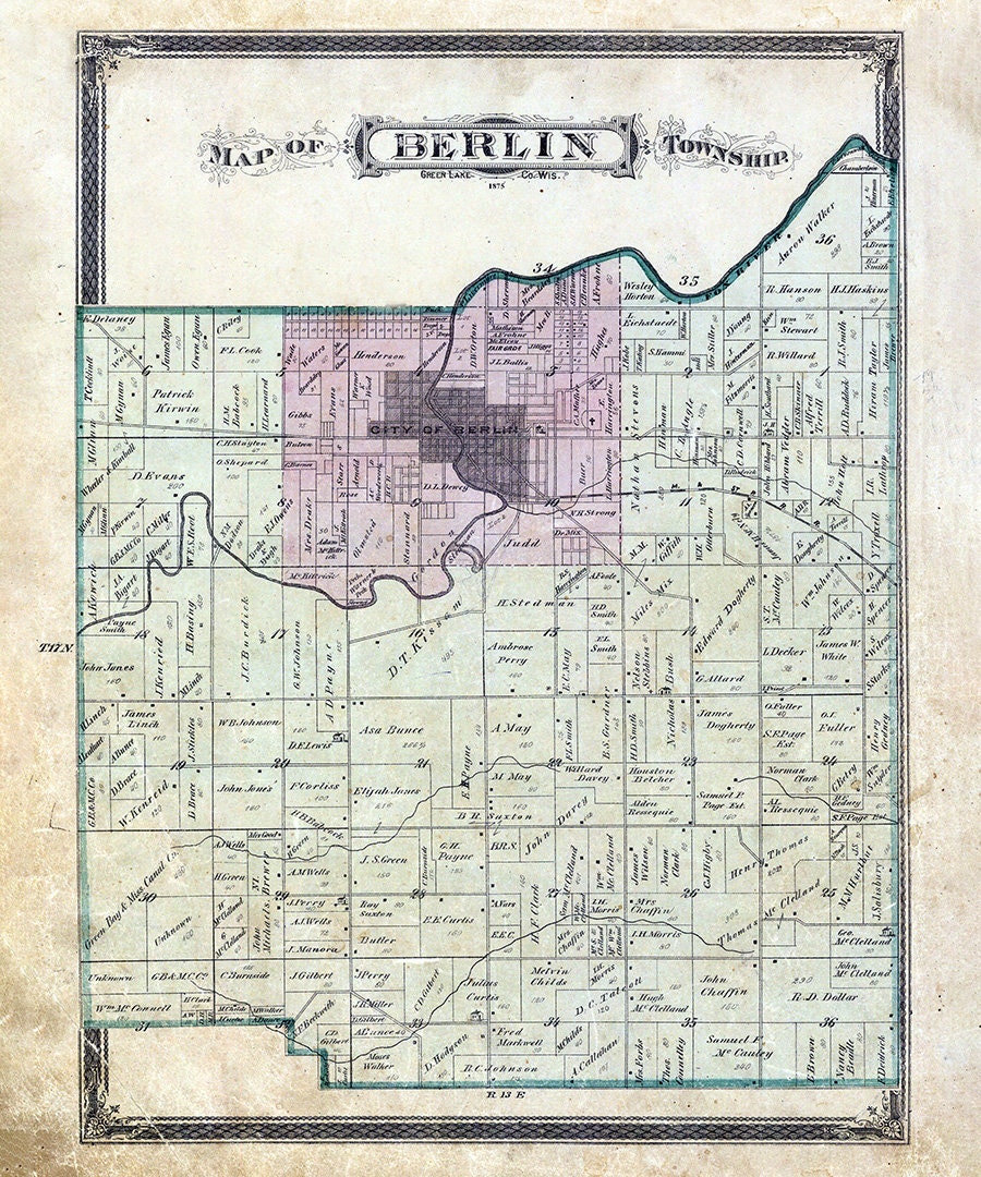 1875 Map of Berlin Township Green Lake County Wisconsin