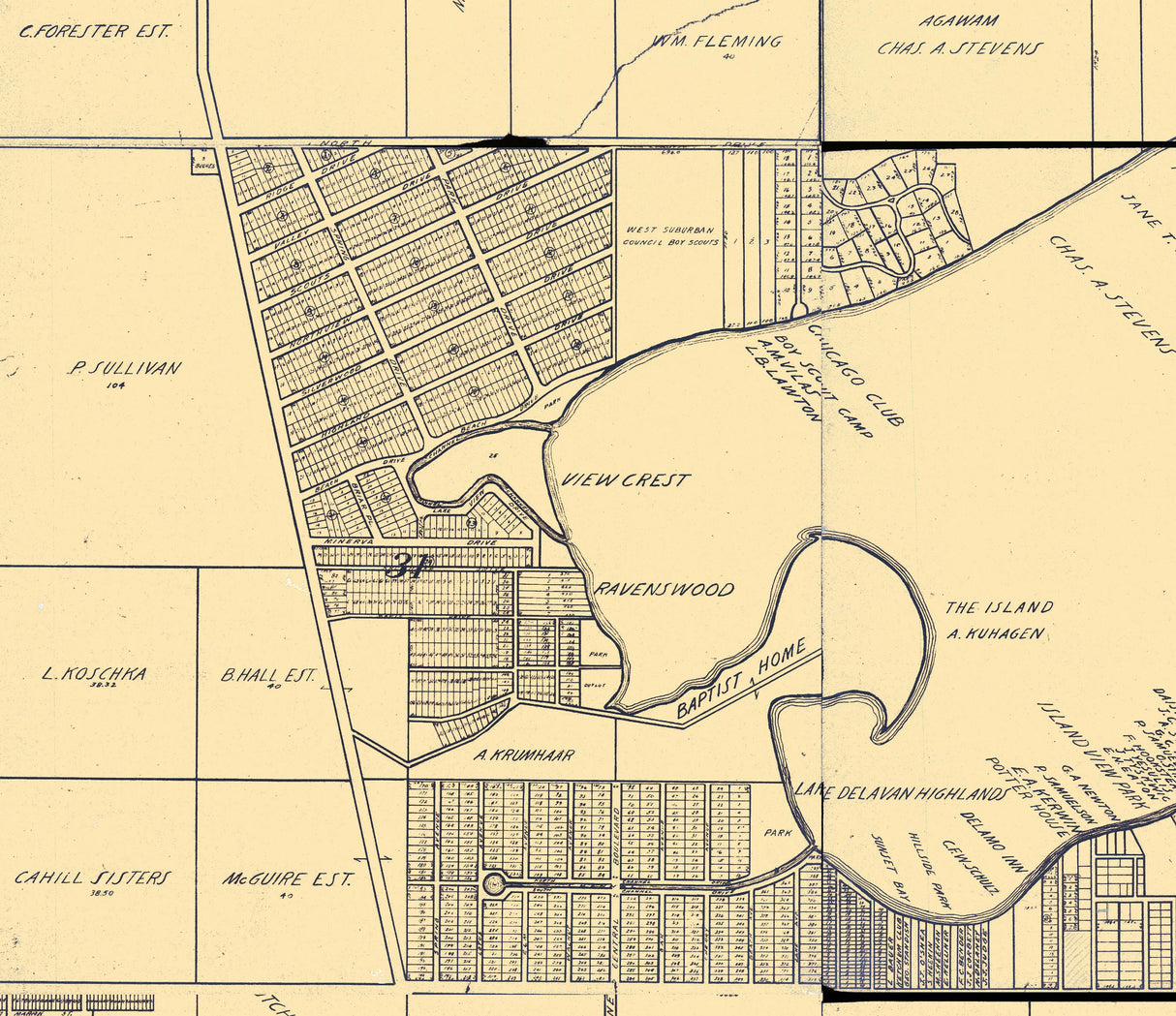 1930 Farm Line Map of Delavan Lake Wisconsin