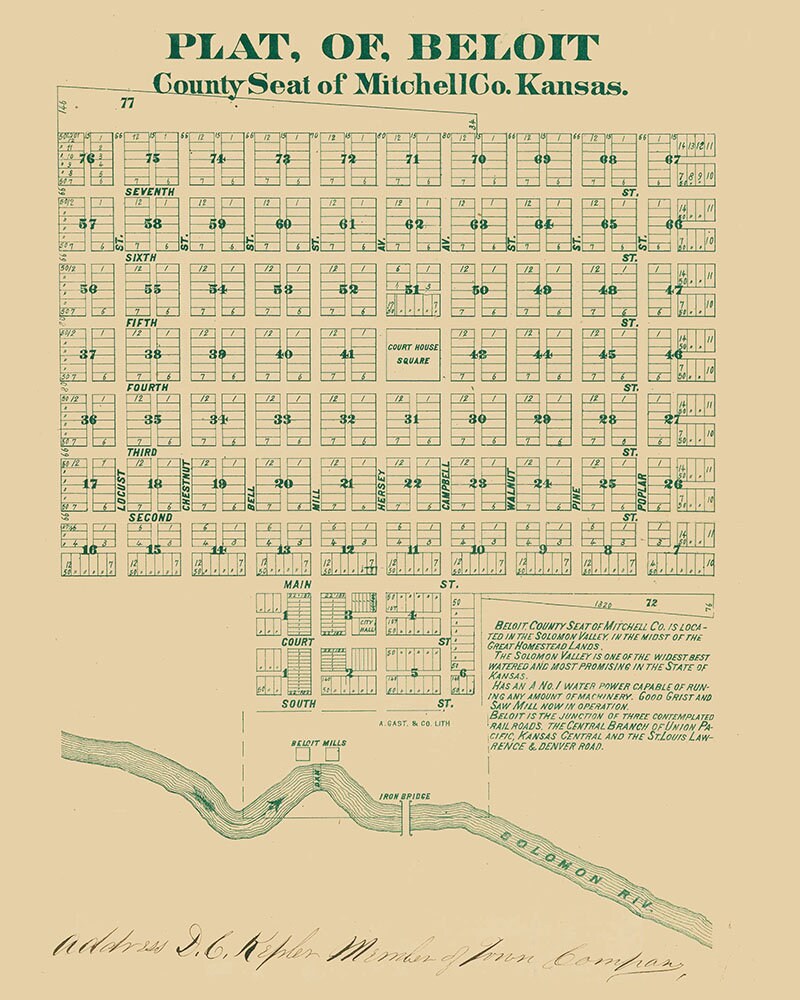 1800s Map of Beloit Mitchell County Kansas