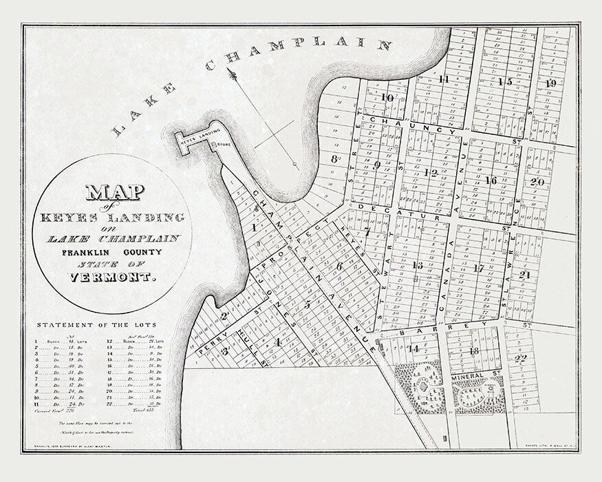 1836 Map of Keyes Landing Lake Champlain Franklin County Vermont