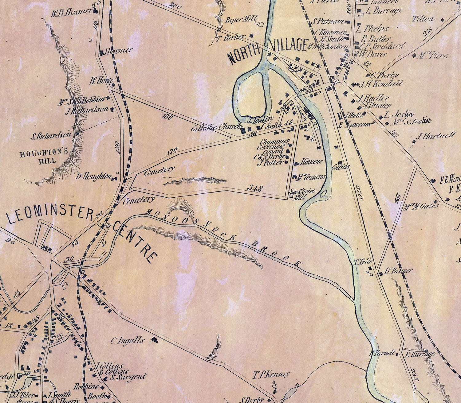 1858 Map of Leominster Worcester County Massachusetts