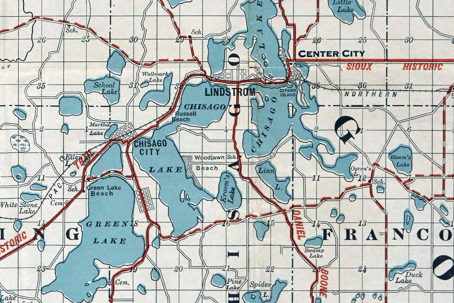 1920 Map of Chisago Anoka and Isanti County Minnesota