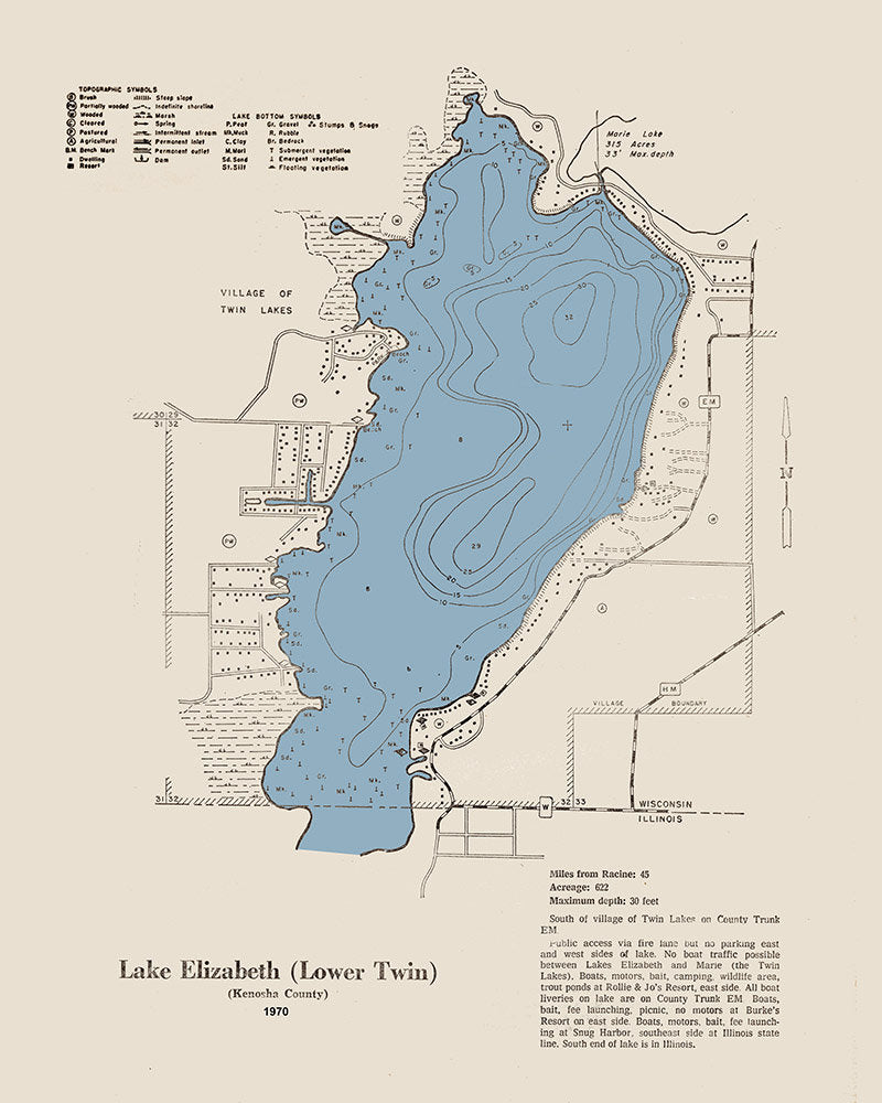 1970 Map of Lake Elizabeth Kenosha County Wisconsin
