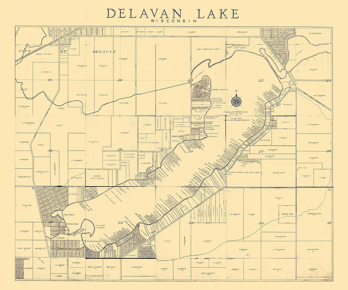 1930 Farm Line Map of Delavan Lake Wisconsin