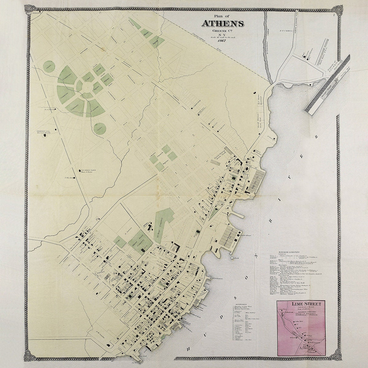 1867 Town Map of Athens Greene County New York