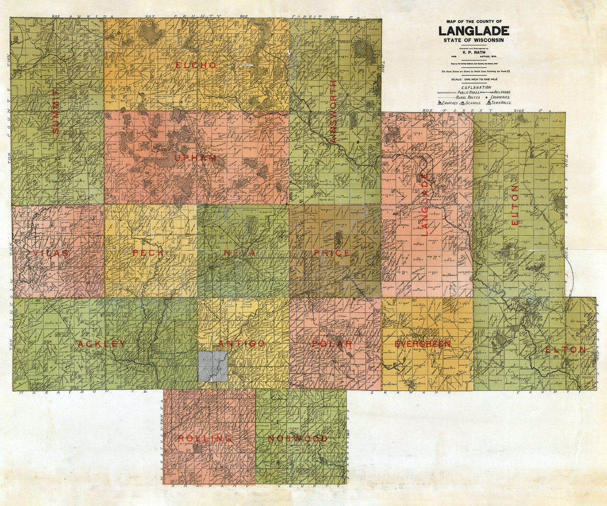 1908 Farm Line map of Langlade County Wisconsin