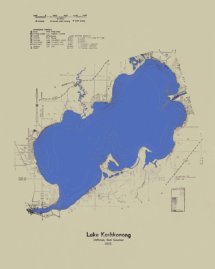 1970 Map of Lake Koshkonong Jefferson Rock Counties Wisconsin
