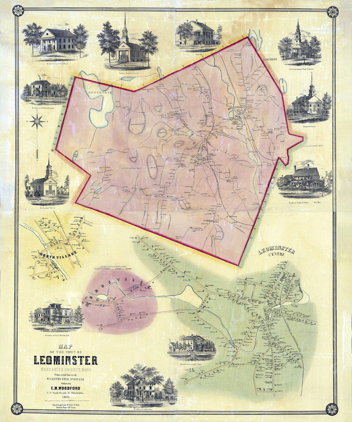 1858 Map of Leominster Worcester County Massachusetts