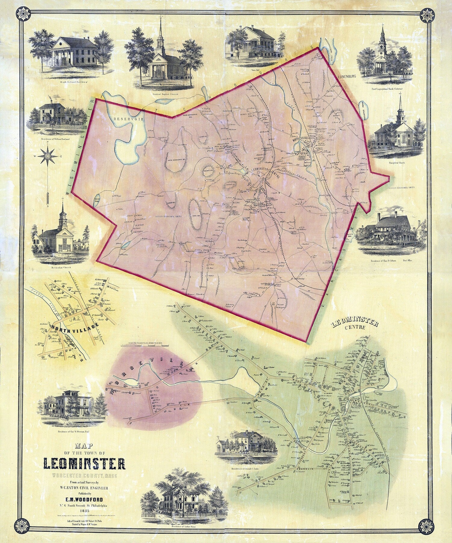 1858 Map of Leominster Worcester County Massachusetts