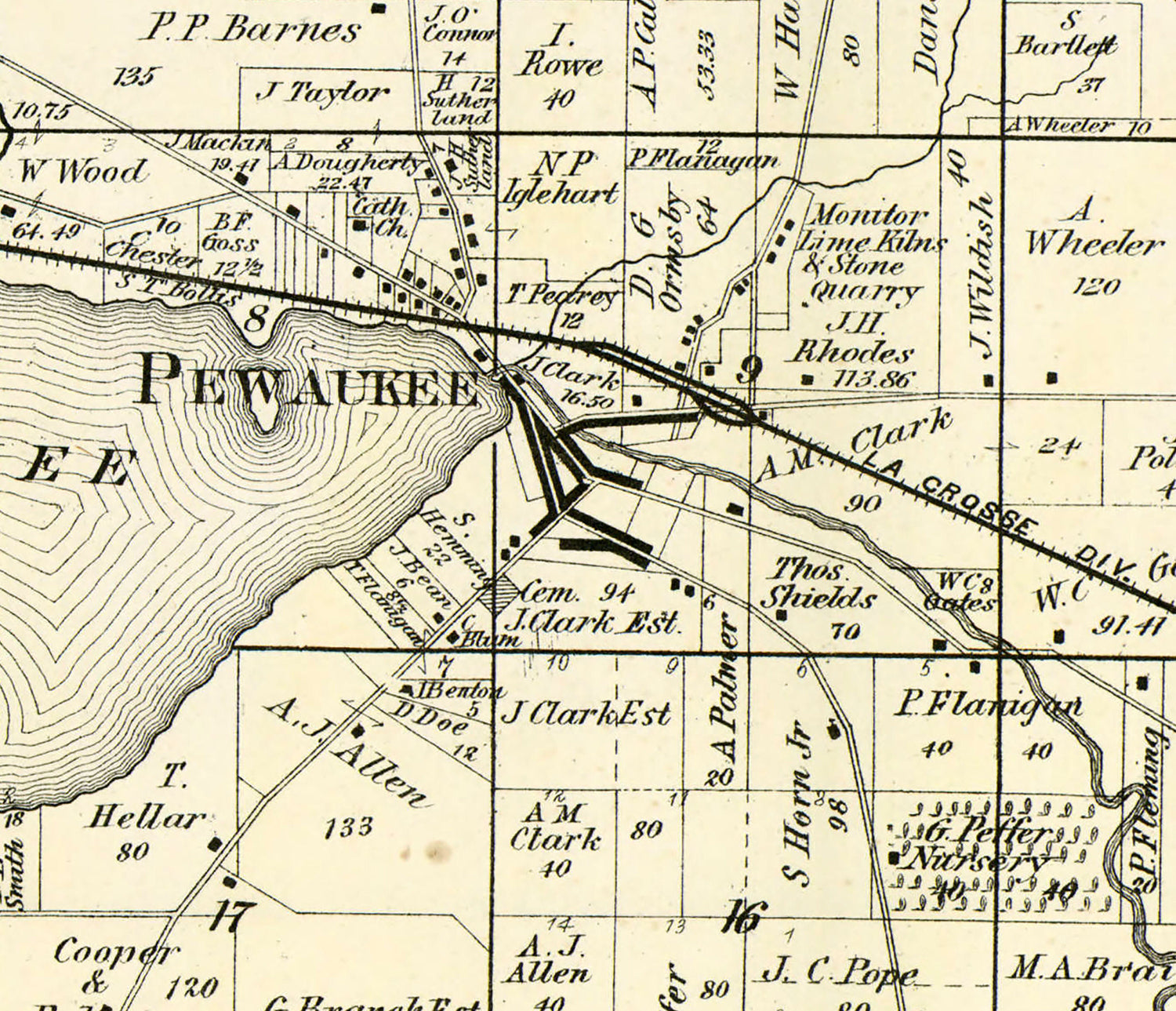 1873 Map of Pewaukee Township Waukesha County Wisconsin