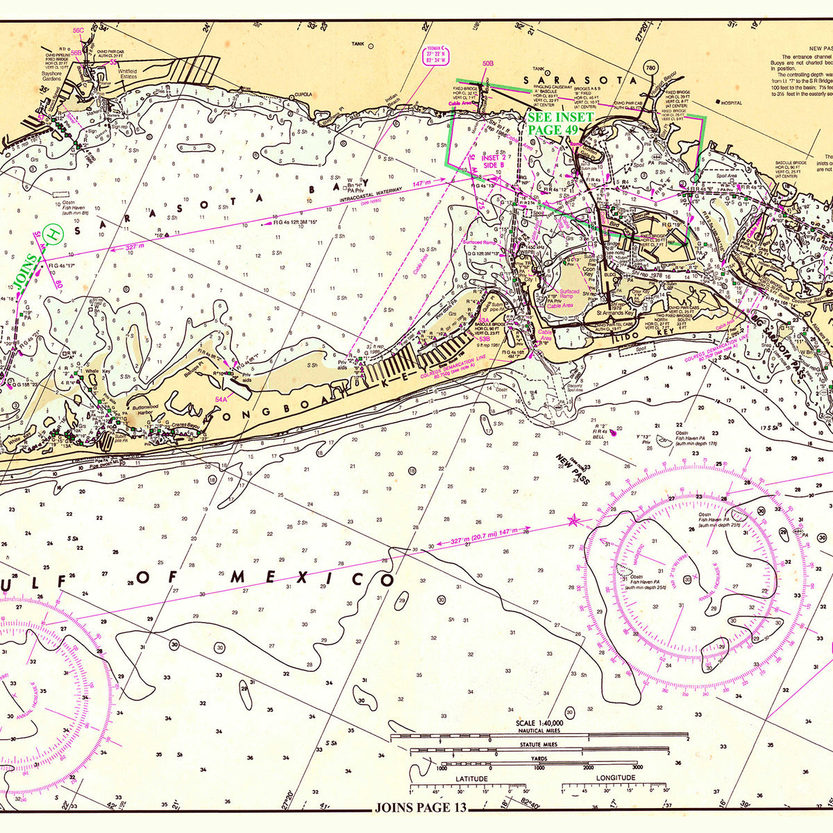 1996 Nautical Chart Map of Sarasota Bay Florida Genealogical Surveyor