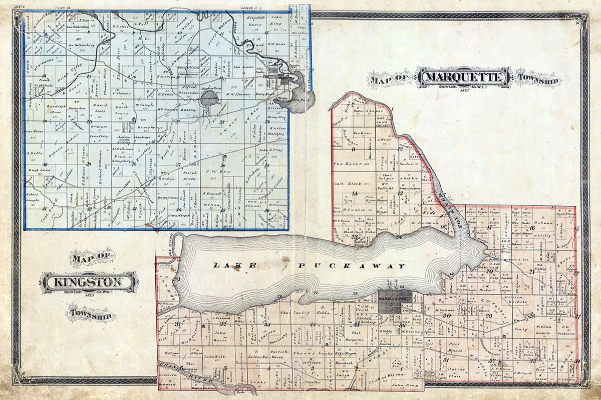 1875 Map of Kingston and Marquette Township Green Lake County Wisconsin