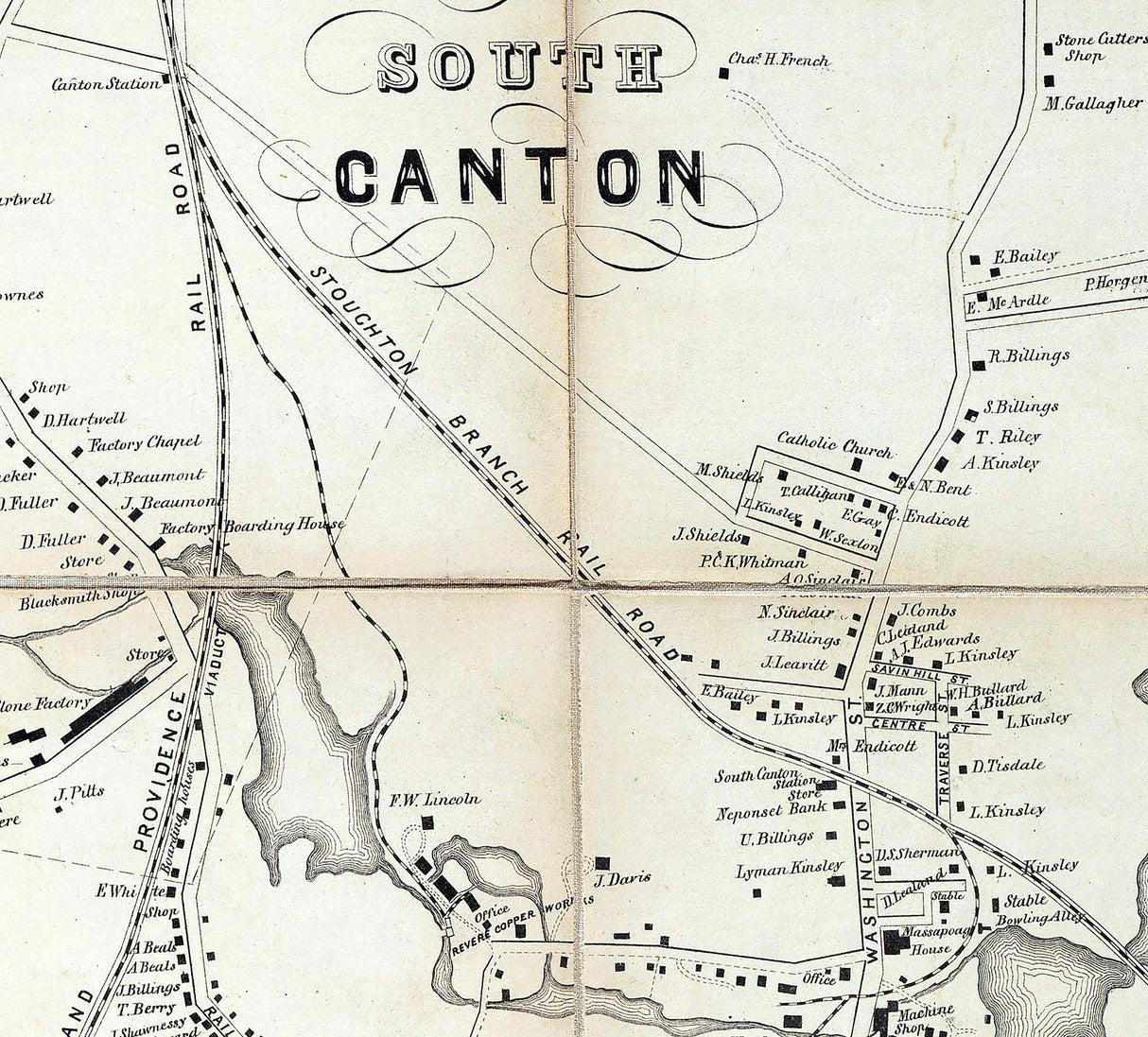 1855 Town Map of Canton Norfolk County Massachusetts