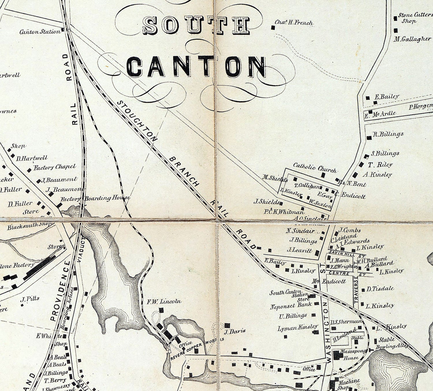 1855 Town Map of Canton Norfolk County Massachusetts