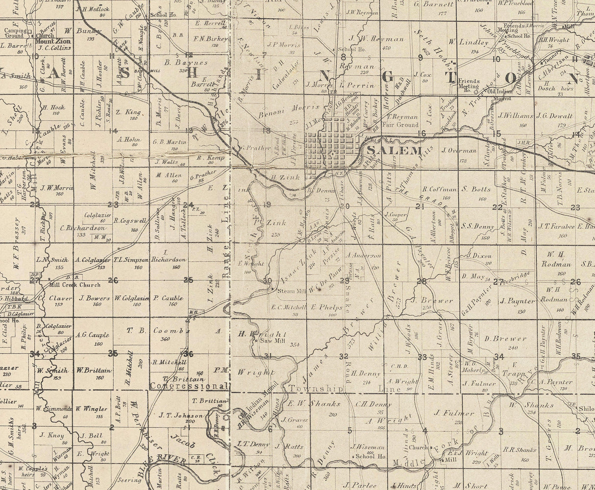 1860 Farm Line Map of Washington County Indiana
