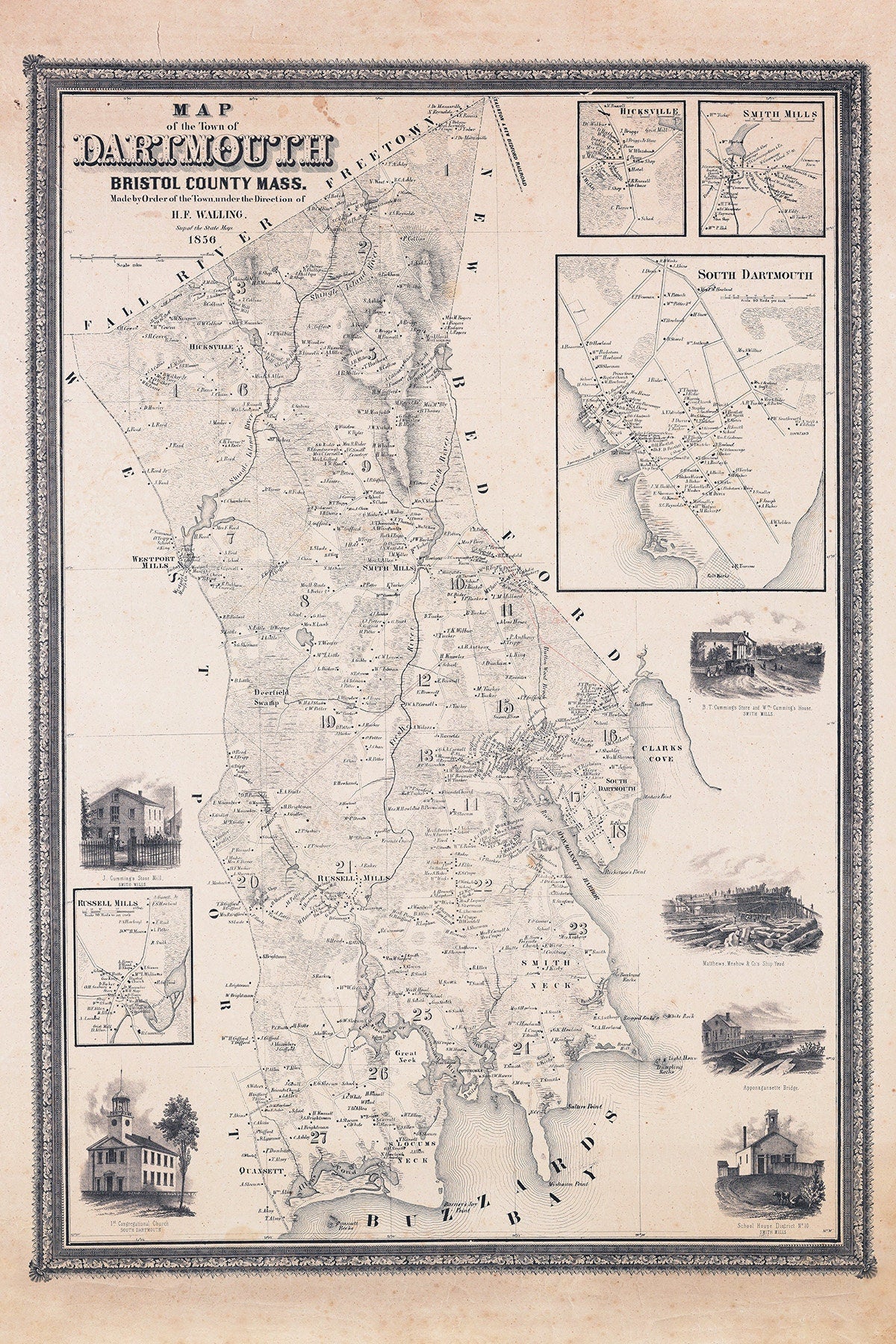 1856 Town Map of Dartmouth Bristol County Massachusetts
