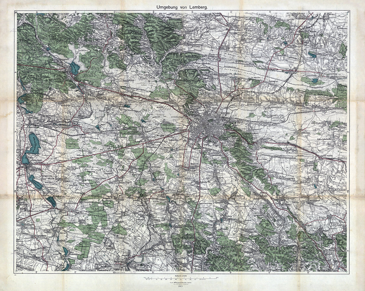 1913 Map of Lemberg Galicia Greater Ukraine Area