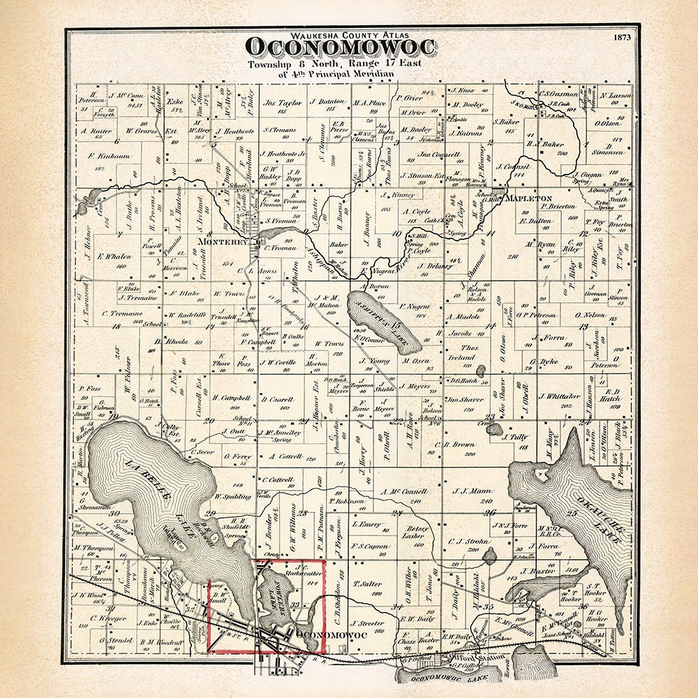 1873 Map of Oconomowoc Township Waukesha County Wisconsin