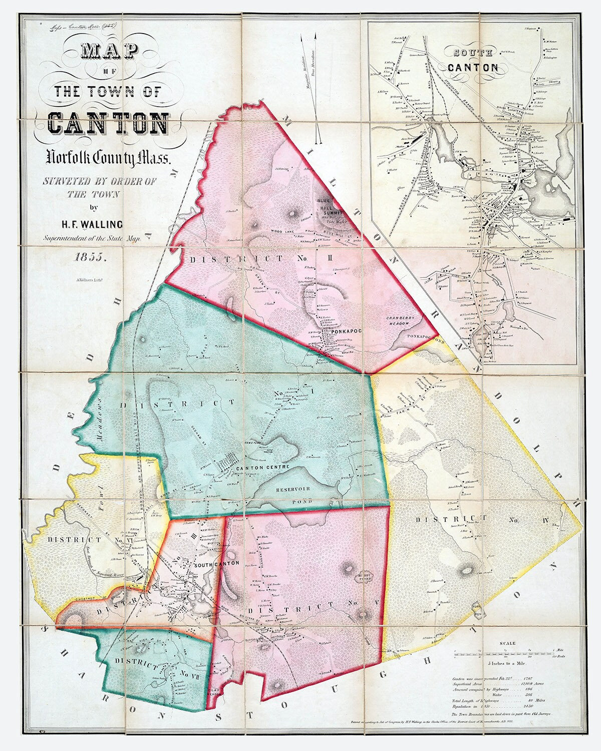 1855 Town Map of Canton Norfolk County Massachusetts
