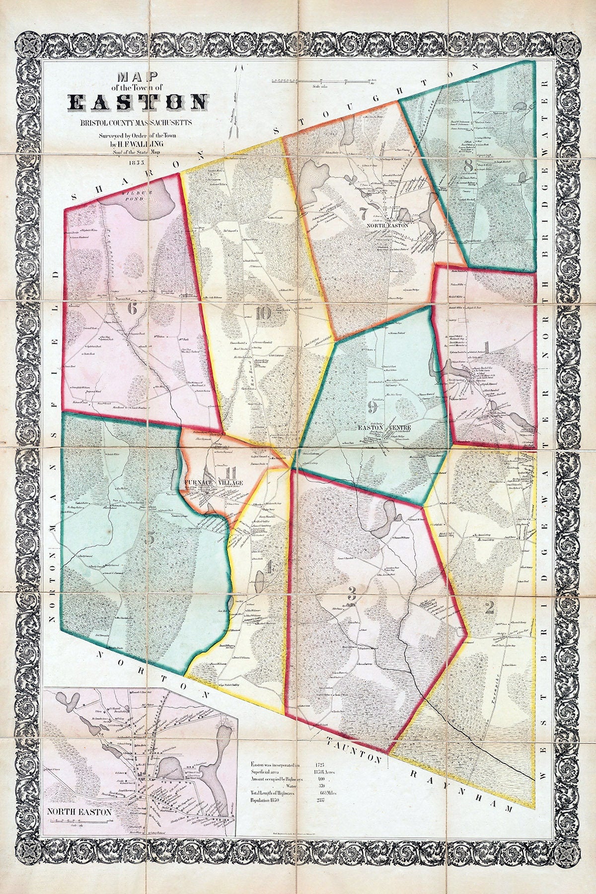 1855 Town Map of Easton Bristol County Massachusetts