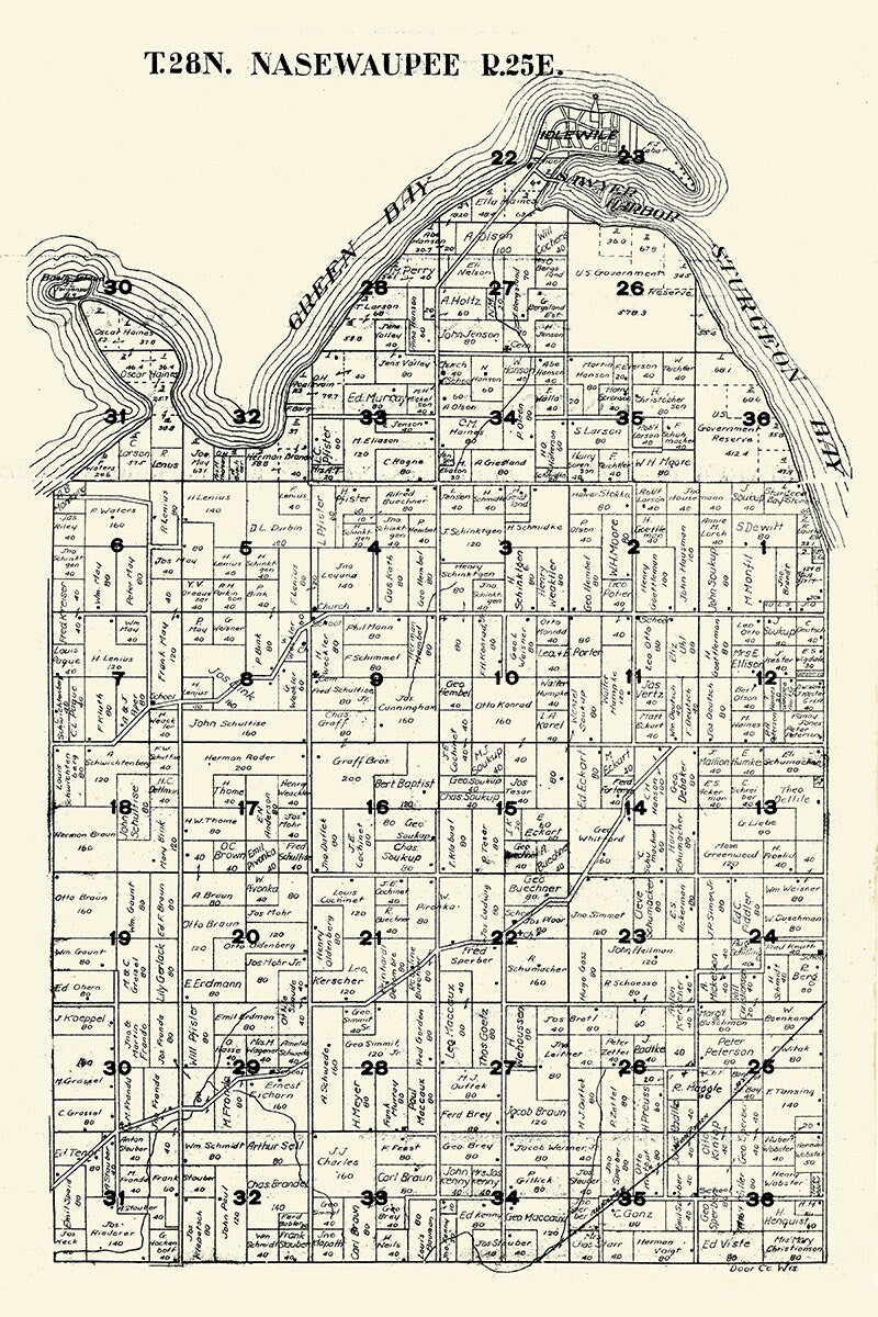 1917 Map of Nasewaupee Township Door County Wisconsin