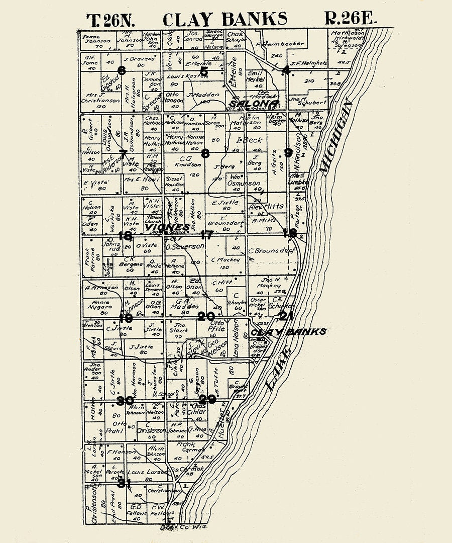 1917 Map of Clay Banks Township Door County Wisconsin