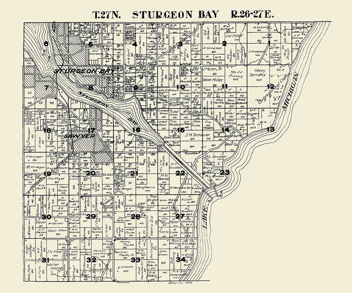 1917 Map of Sturgeon Bay Township Door County Wisconsin