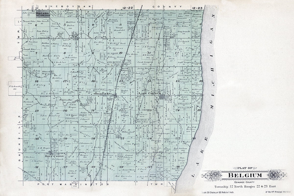 1915 Map of Belgium Township Ozaukee County Wisconsin